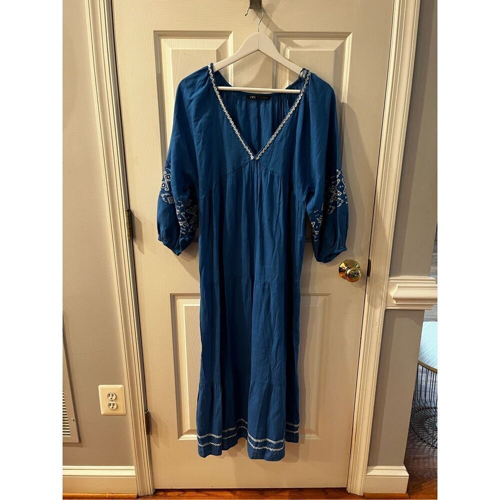 Zara Cobalt Blue Deep V Embroidered Boho Maxi Dress sz XS ( generous) EUC